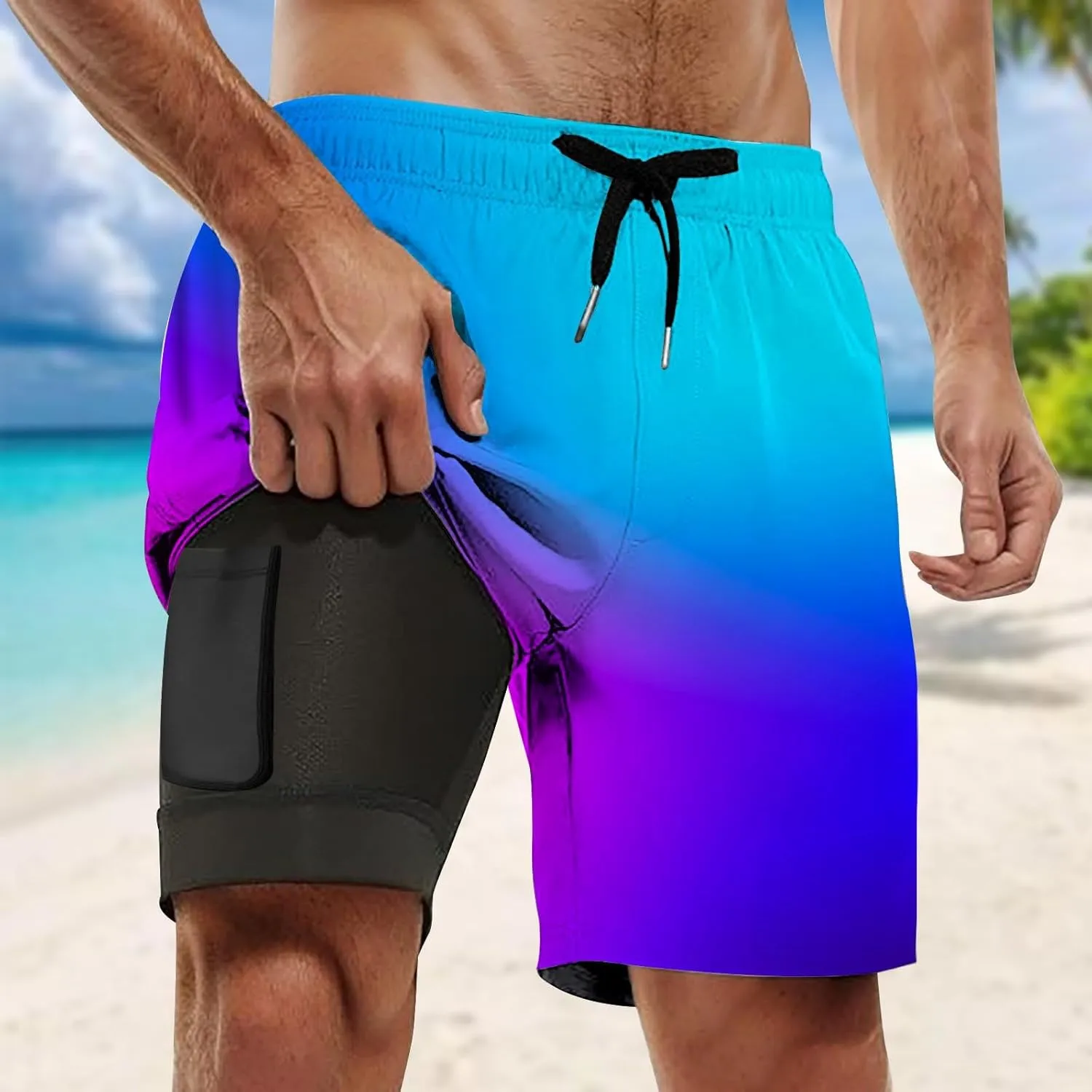 2025 Mens Swim Trunks Quick Dry Bathing Suits with Compression Liner Summer Beach Swimsuits Shorts with Pockets