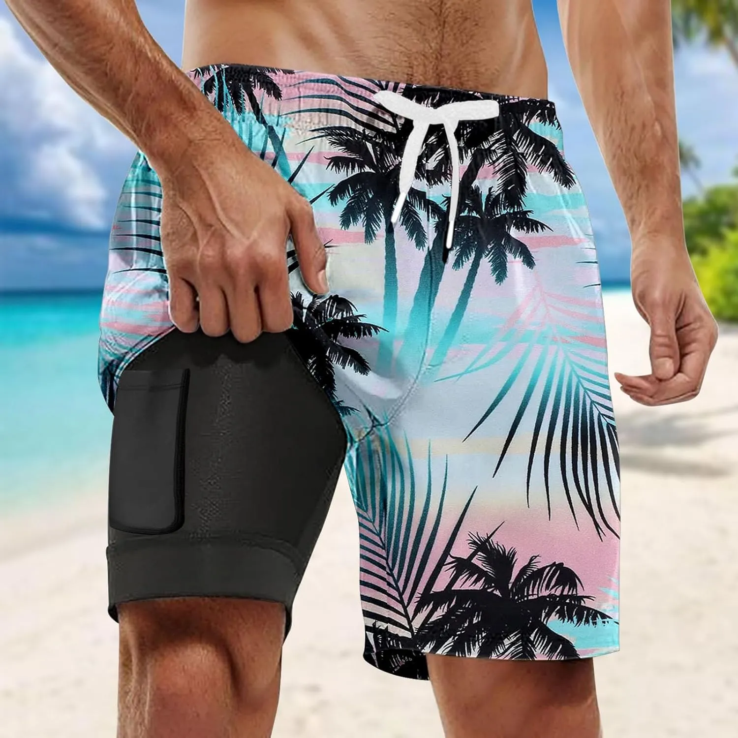 2025 Mens Swim Trunks Quick Dry Bathing Suits with Compression Liner Summer Beach Swimsuits Shorts with Pockets