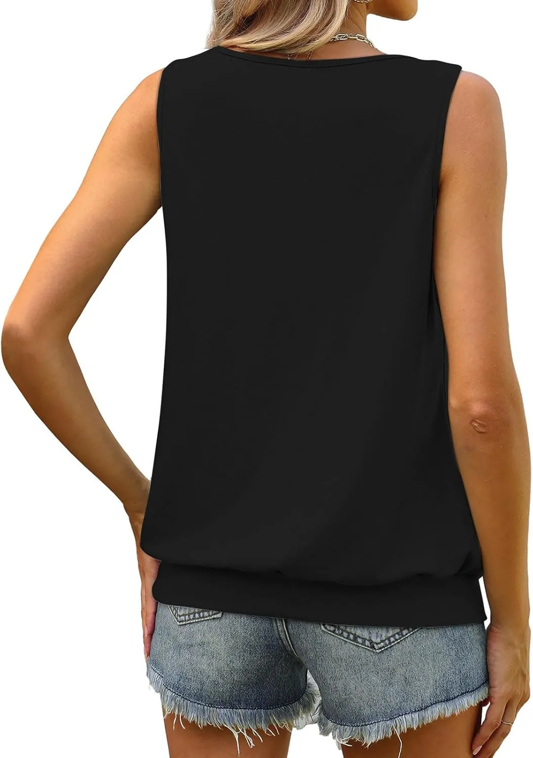 2025 Pleated Scoop Neck Tank Tops for Women Summer Casual Comfy Sleeveless Shirts Banded Fitted Bottom Tanks Blouse