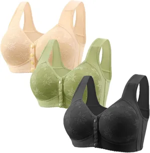 3 Pack Front Closure Daisy Bras Older Women 18 Hour No Underwire Plus Size Full Coverage Push Up Everyday Bra Lingerie
