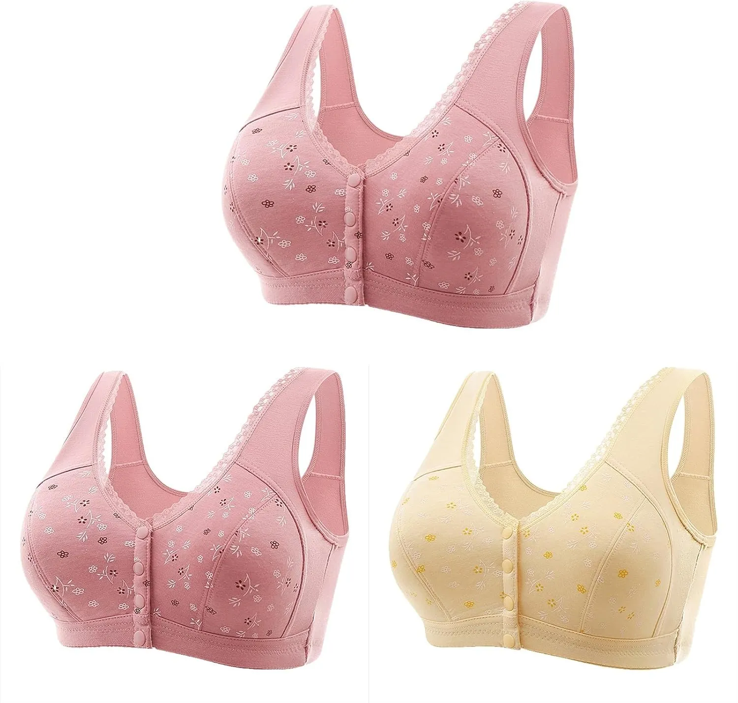 3 Packs Bra for Older Womens Daisy Bralettes 2024 New Comfortable Convenient Front Close Button Cotton Bras No