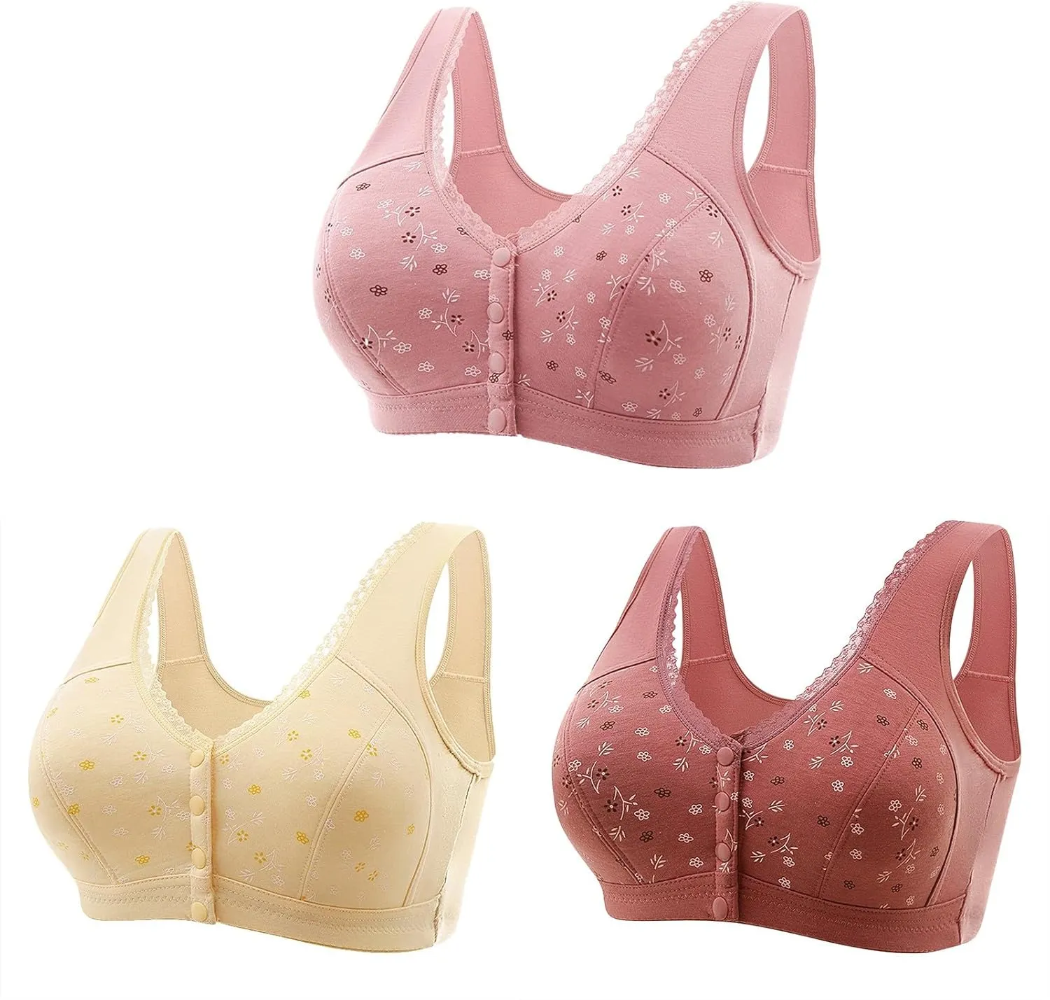 3 Packs Bra for Older Womens Daisy Bralettes 2024 New Comfortable Convenient Front Close Button Cotton Bras No