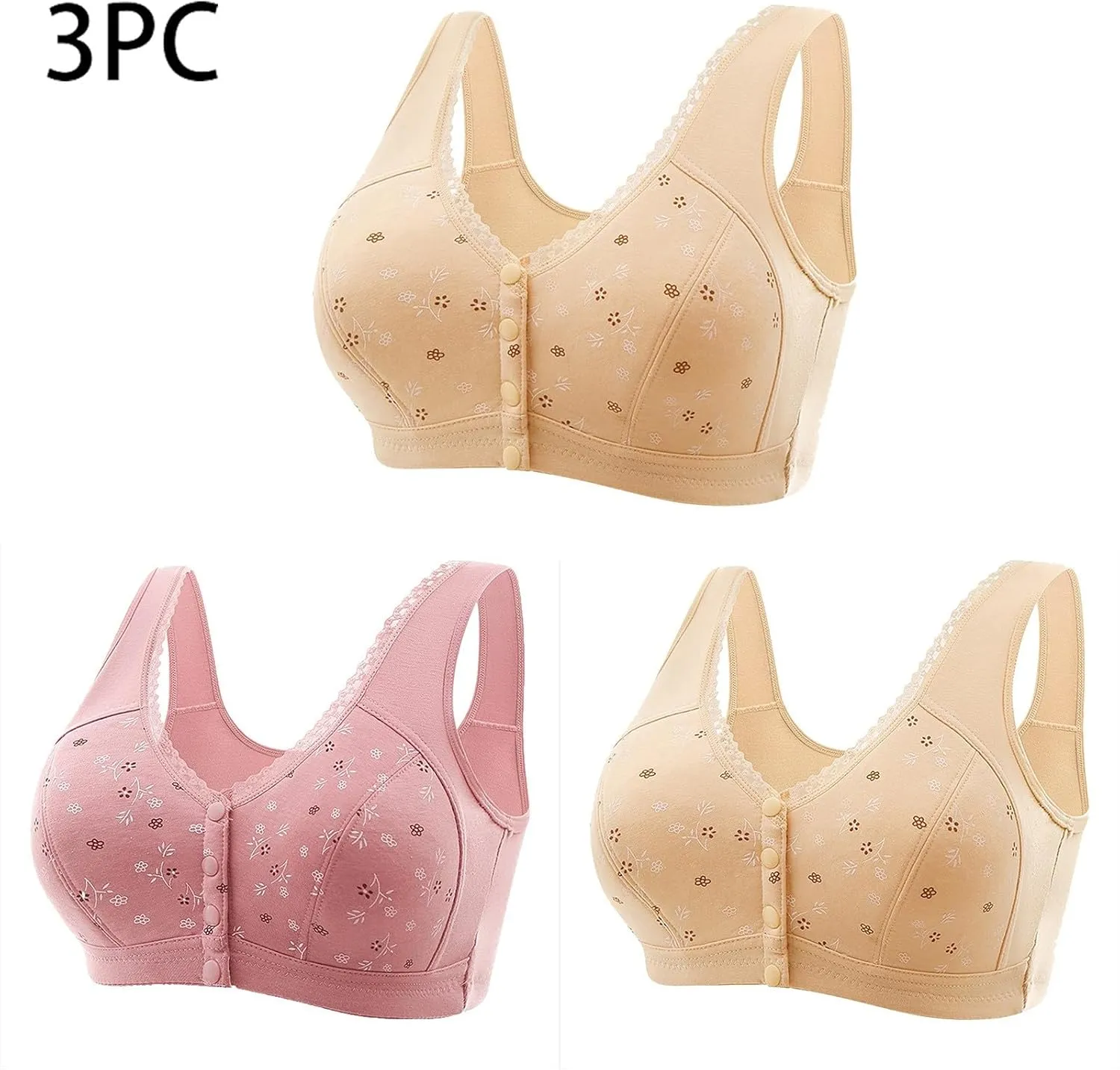 3 Packs Bra for Older Womens Daisy Bralettes 2024 New Comfortable Convenient Front Close Button Cotton Bras No