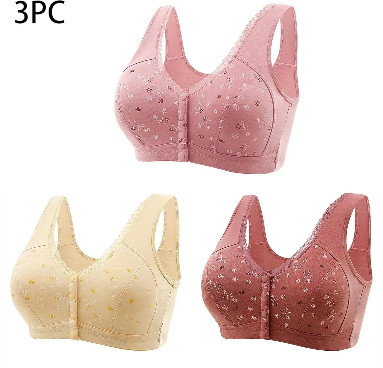 3 Packs Bra for Older Womens Daisy Bralettes 2024 New Comfortable Convenient Front Close Button Cotton Bras No