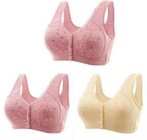 3 Packs Bra for Older Womens Daisy Bralettes 2024 New Comfortable Convenient Front Close Button Cotton Bras No