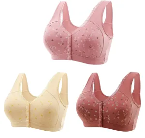 3 Packs Bra for Older Womens Daisy Bralettes 2024 New Comfortable Convenient Front Close Button Cotton Bras No