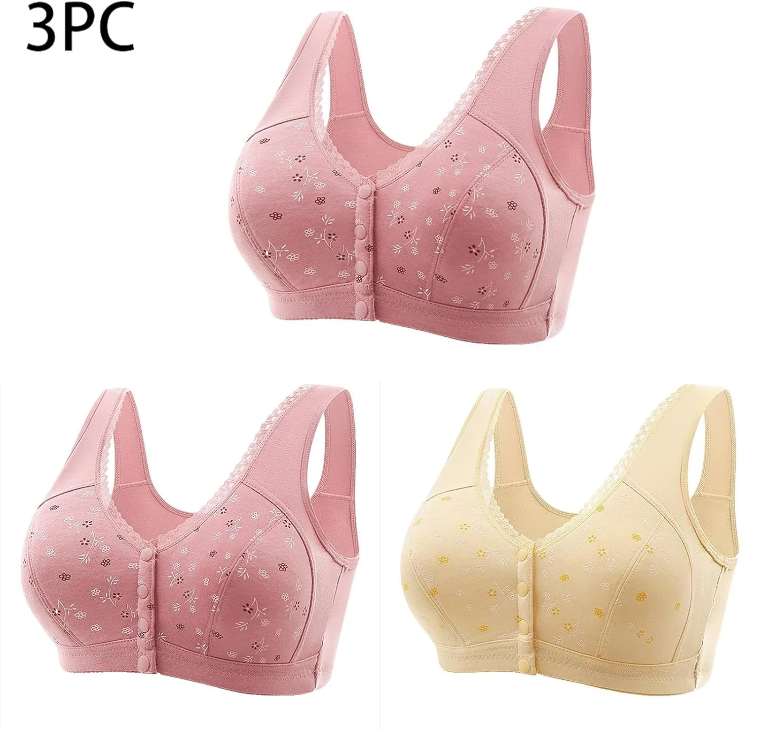 3 Packs Bra for Older Womens Daisy Bralettes 2024 New Comfortable Convenient Front Close Button Cotton Bras No