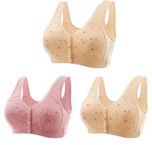 3 Packs Bra for Older Womens Daisy Bralettes 2024 New Comfortable Convenient Front Close Button Cotton Bras No