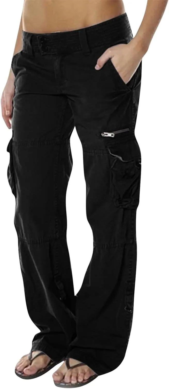 Adjustable Straight Fit Cargo High Waist Baggy Hiking Pant with Multi Pockets Women Wide Leg Parachute Trousers