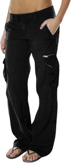 Adjustable Straight Fit Cargo High Waist Baggy Hiking Pant with Multi Pockets Women Wide Leg Parachute Trousers