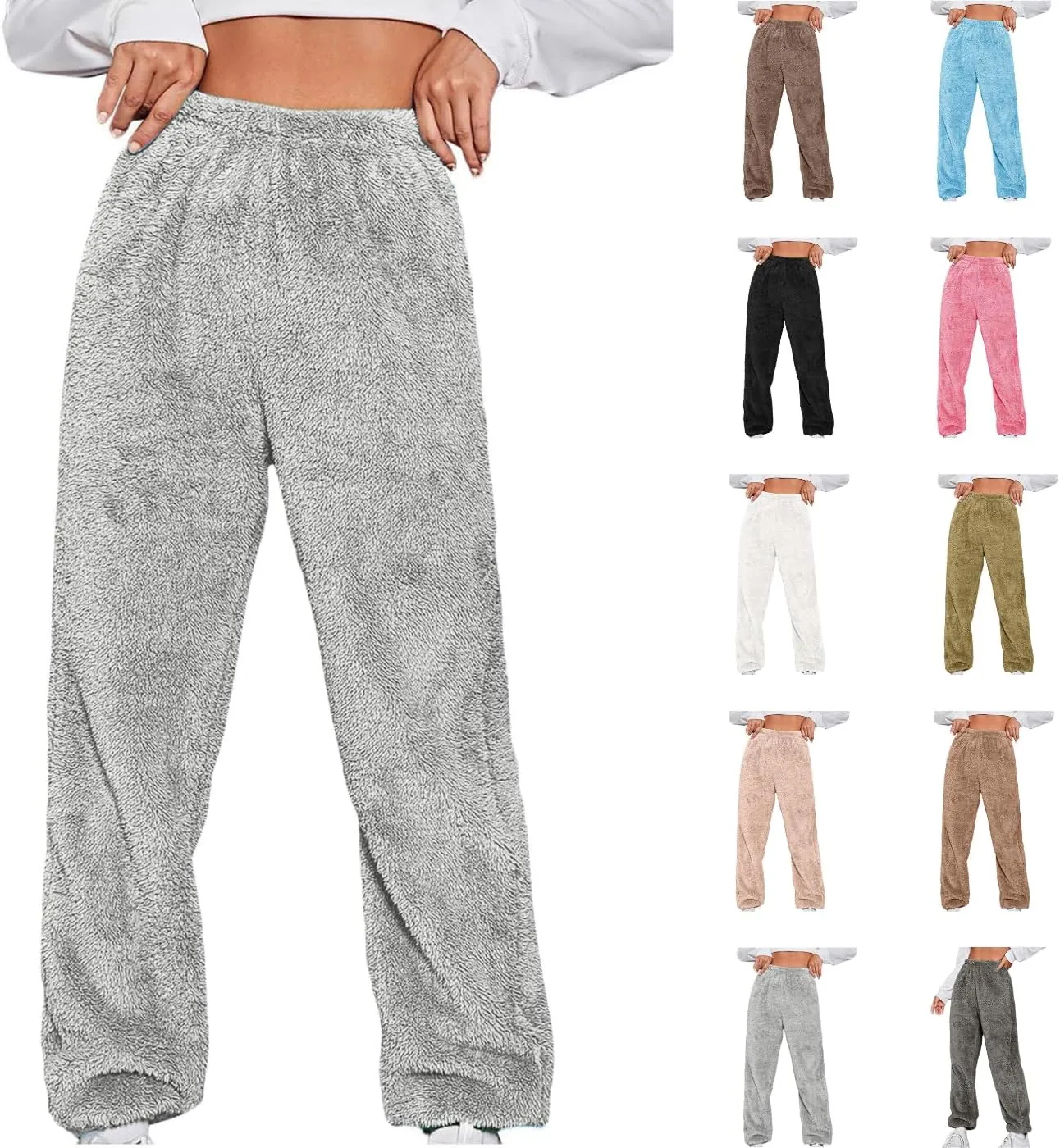 Akklian Fuzzy Pants for Women High Waisted Thicken Fleece Lounge Pants Winter Fluffy Long Pants Pajama Pants Casual Pants