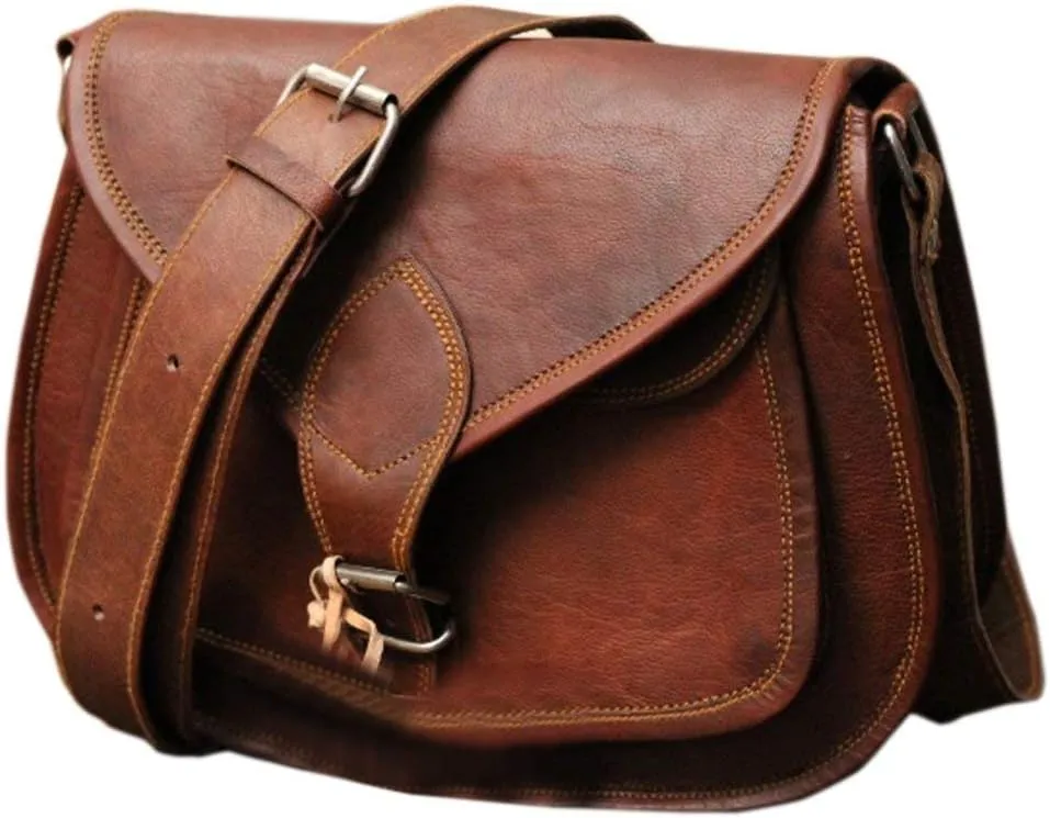 ANUENT 13-Inch Genuine Leather Crossbody Purses for Women Vintage Leather Satchel Messenger Bag Brown Saddle Leather Handbag