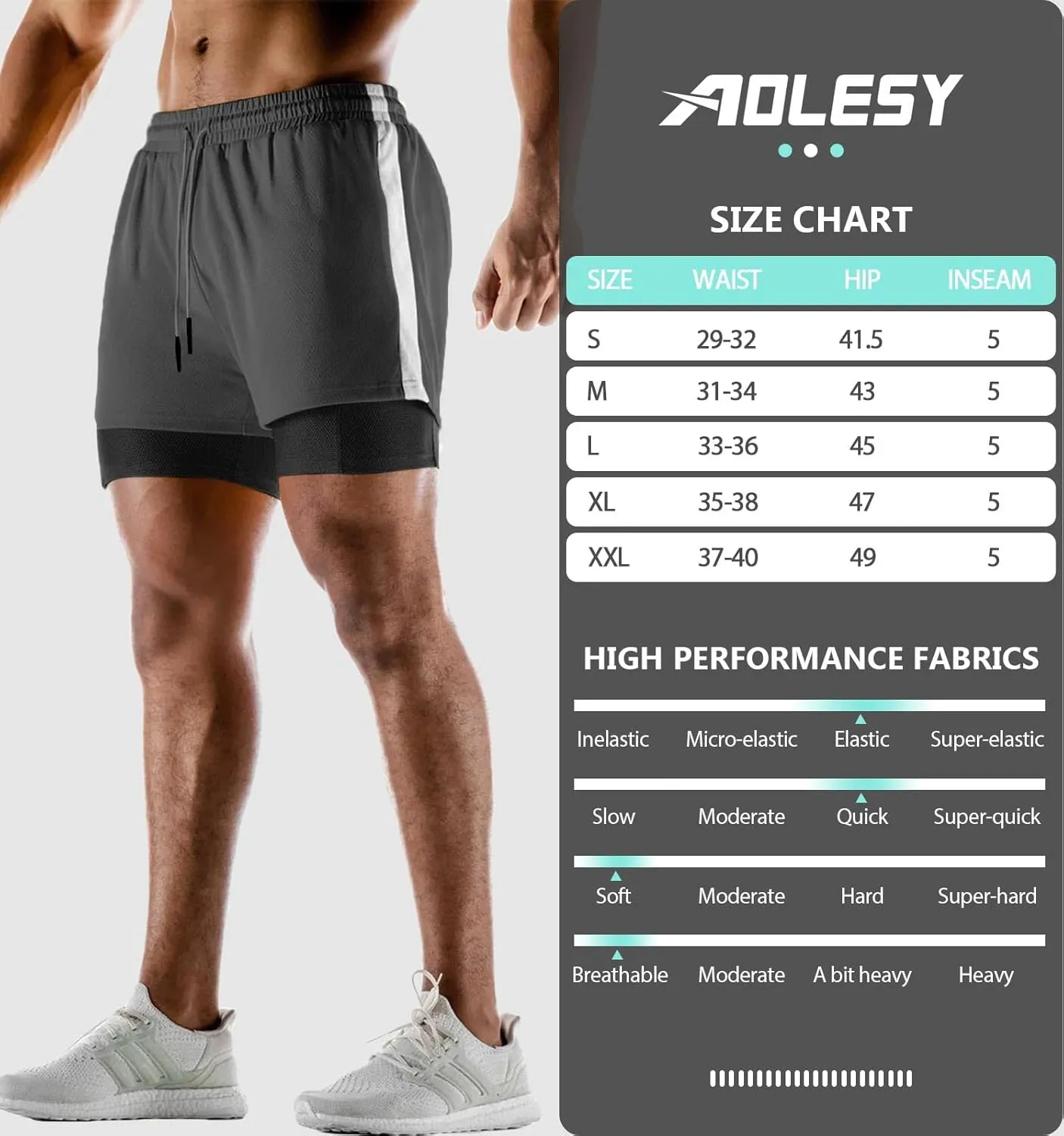 Aolesy Men's 2 in 1 Running Shorts Quick Dry Gym Shorts 5" Athletic Shorts Workout Shorts with Pockets