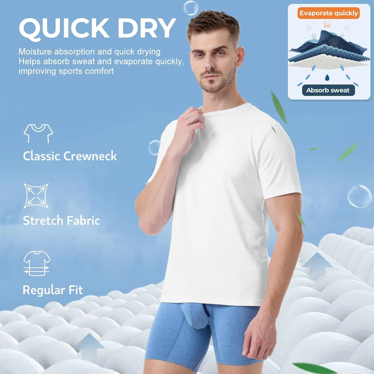 BAMBOO COOL Men's Undershirts Moisture-Wicking Crewneck T Shirts, Breathable Stretch Soft Tees for Men, 3 or 6 Pack