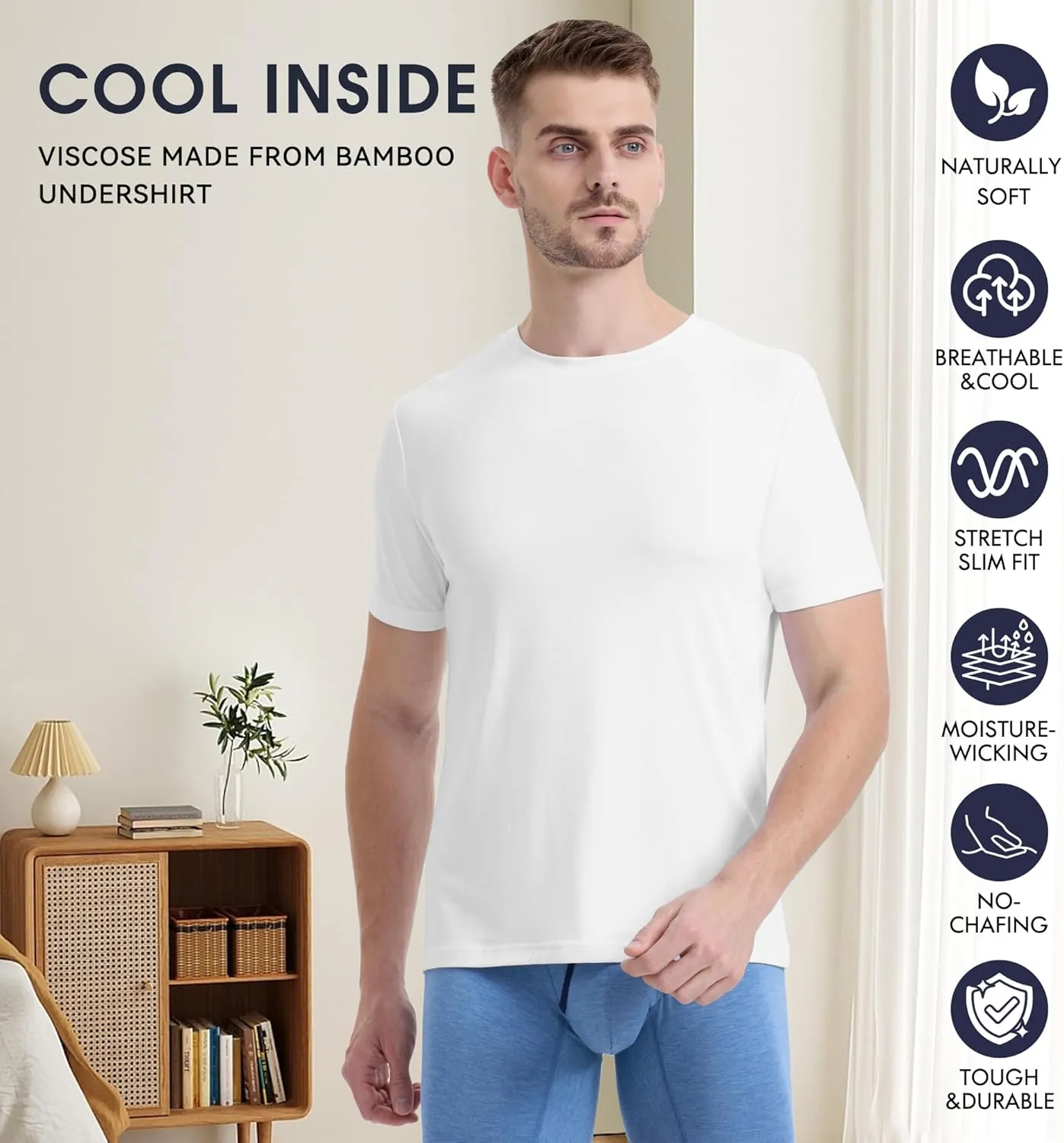 BAMBOO COOL Men's Undershirts Moisture-Wicking Crewneck T Shirts, Breathable Stretch Soft Tees for Men, 3 or 6 Pack