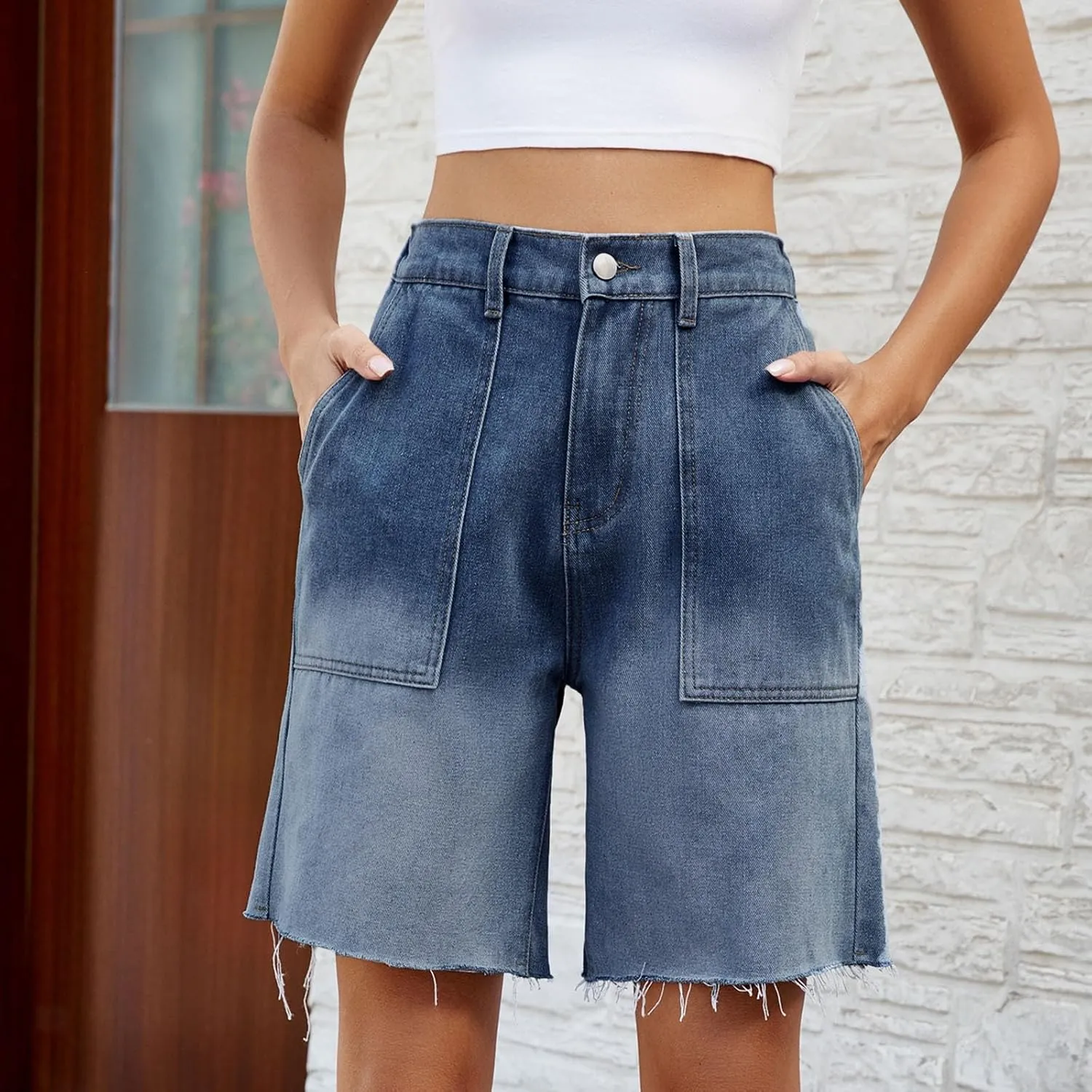 Bermuda Jean Denim Shorts for Women High Waisted Trendy Stretchy Jeans Shorts Knee Length Loose Fit Long Shorts