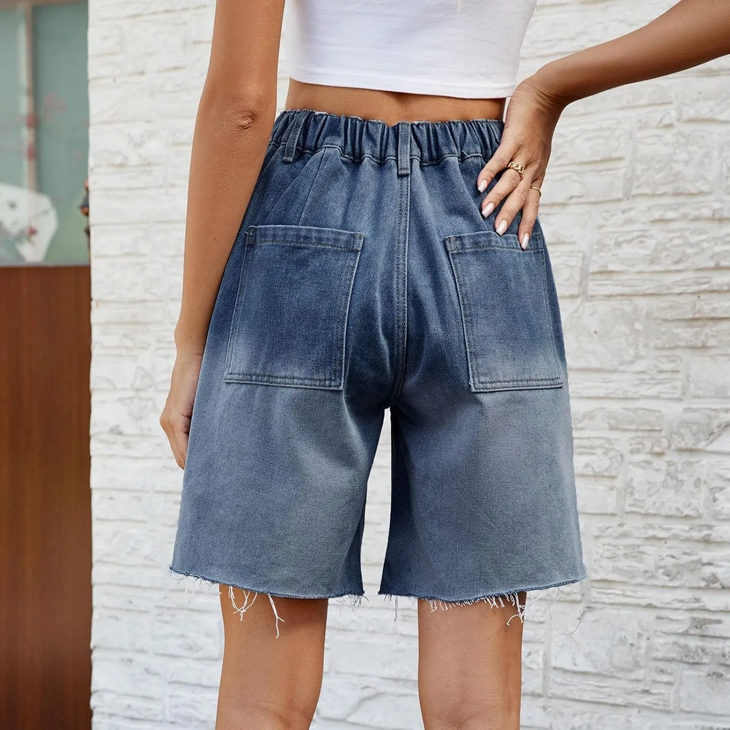 Bermuda Jean Denim Shorts for Women High Waisted Trendy Stretchy Jeans Shorts Knee Length Loose Fit Long Shorts