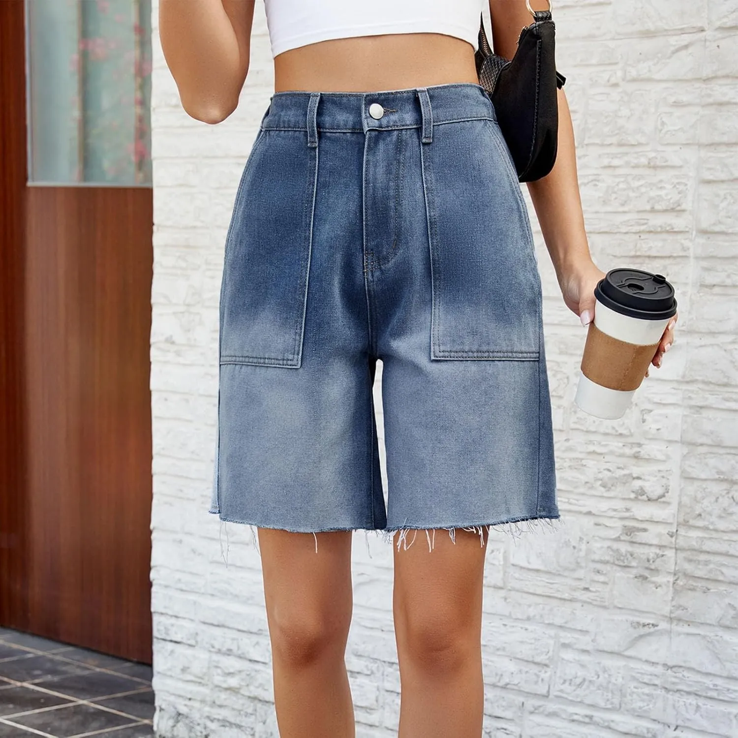 Bermuda Jean Denim Shorts for Women High Waisted Trendy Stretchy Jeans Shorts Knee Length Loose Fit Long Shorts