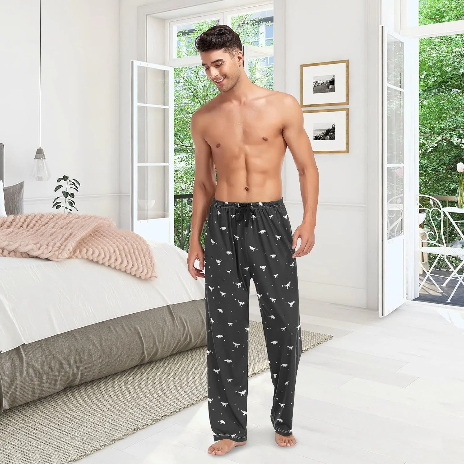 Black And White Dinosaur Pattern Men's Pajama Pants Sleepwear Lounge Pajama Bottoms