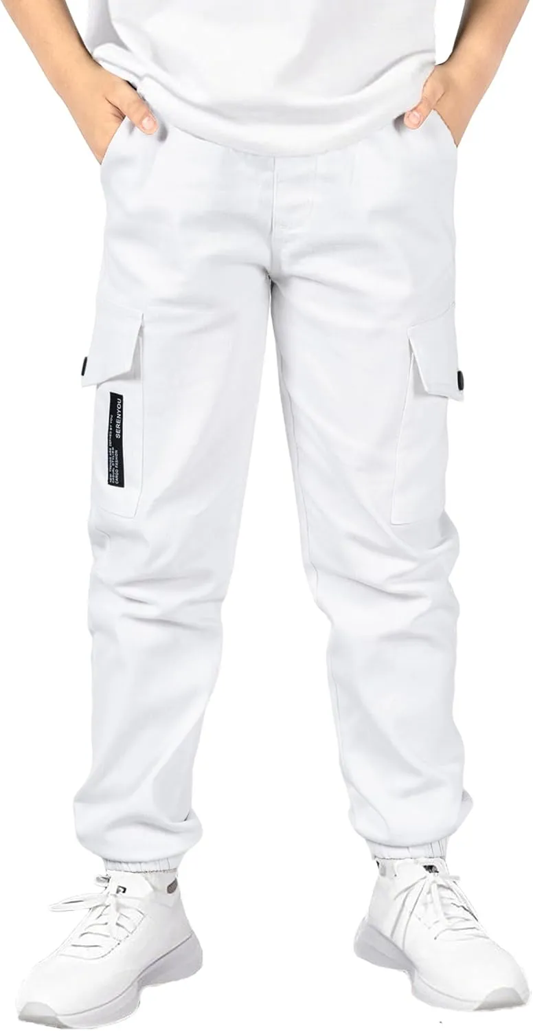 Boys Cargo Joggers Elastic Waist Pants Kids Twill School Jogging Trousers Bottoms