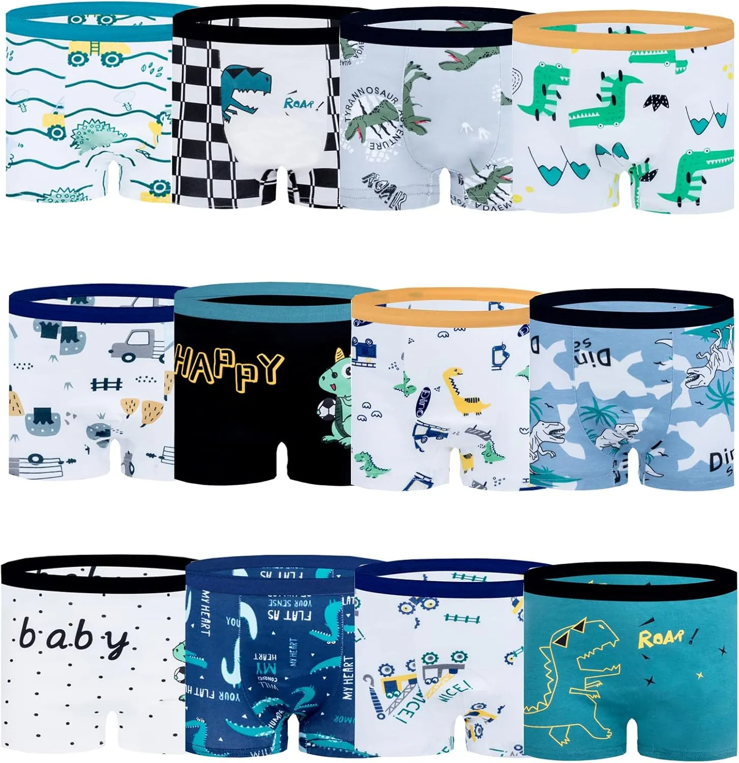 Boys Cotton Boxer Briefs Dinosaur Polar Bear Toddler Kids Underwear 12 Pack, 1-13 Years