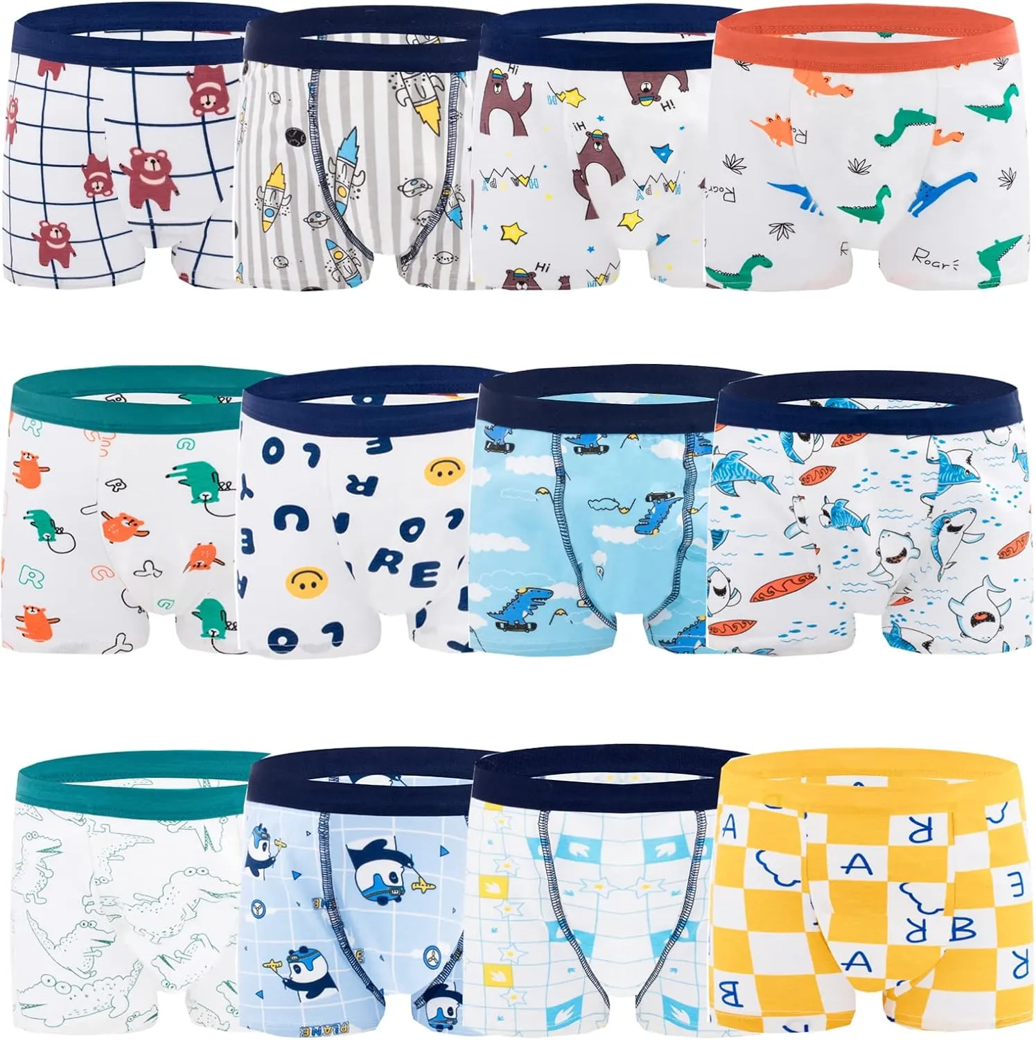 Boys Cotton Boxer Briefs Dinosaur Polar Bear Toddler Kids Underwear 12 Pack, 1-13 Years
