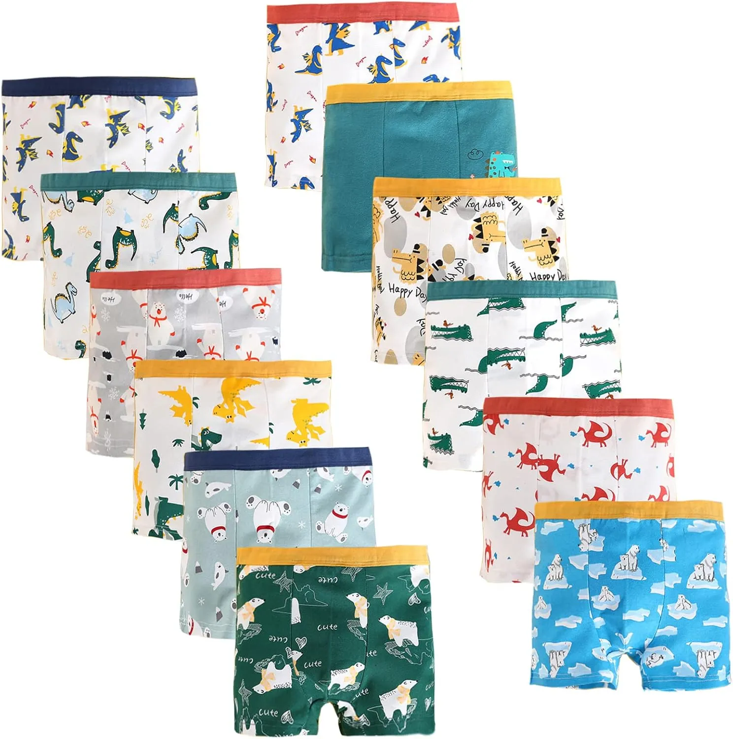 Boys Cotton Boxer Briefs Dinosaur Polar Bear Toddler Kids Underwear 12 Pack, 1-13 Years