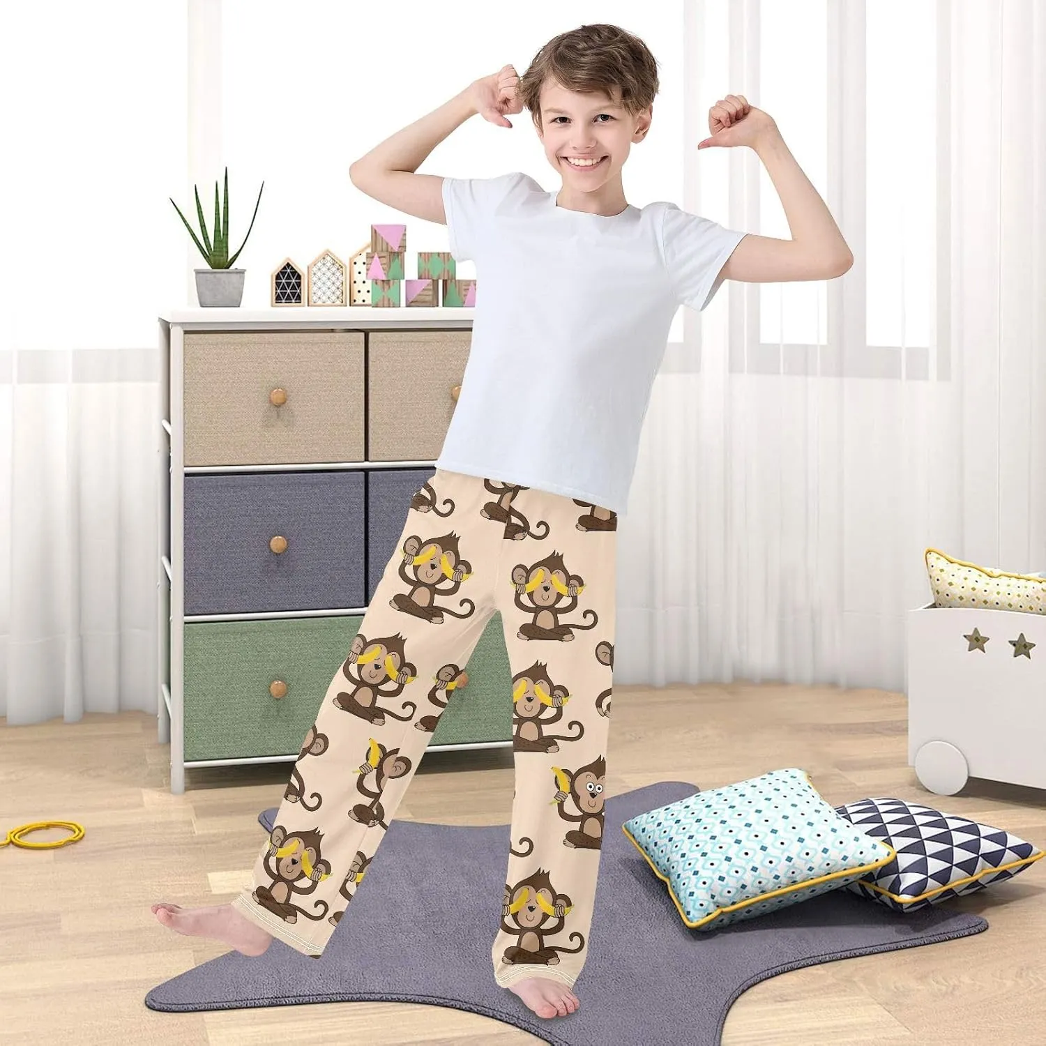 Boys Pajamas Pants Monkey and Banana Elastic Waist PJ Bottoms Comfy Lounge Long Pants L