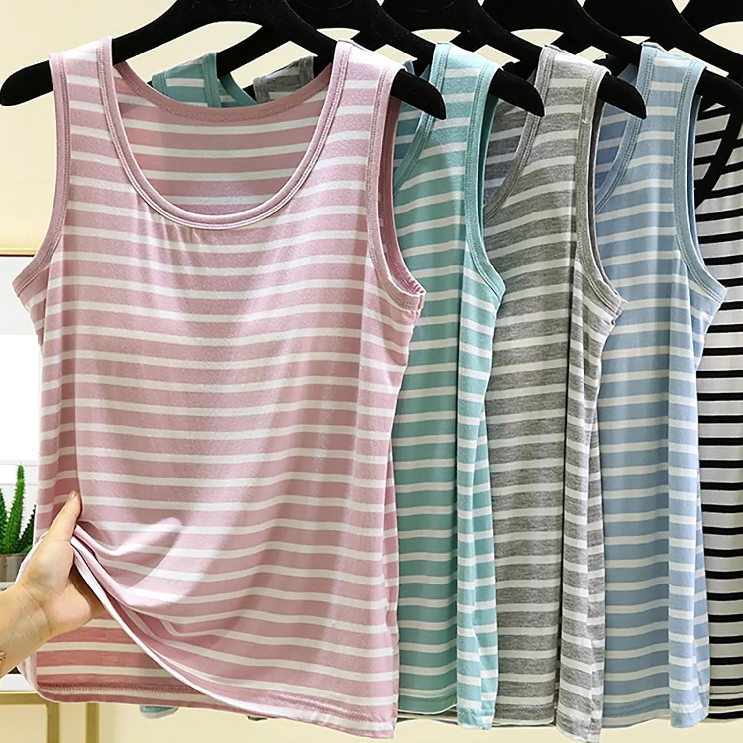 Built in Bra Tank Tops for Women Seamless Workout Tank Top with Built in Bra,Padded Racerback Stripe Athletic Yoga Camisole