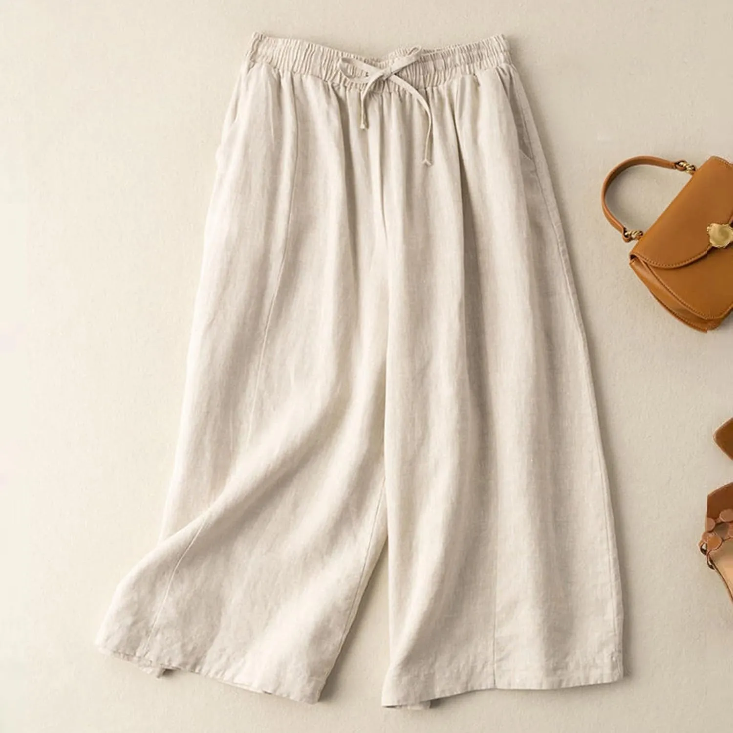 Capri Pants for Women Flowy Beach Pants Summer Elastic Pants Linen Palazzo Pants Workout Soft Pants Trousers
