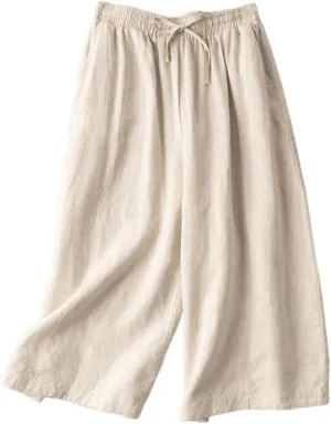Capri Pants for Women Flowy Beach Pants Summer Elastic Pants Linen Palazzo Pants Workout Soft Pants Trousers
