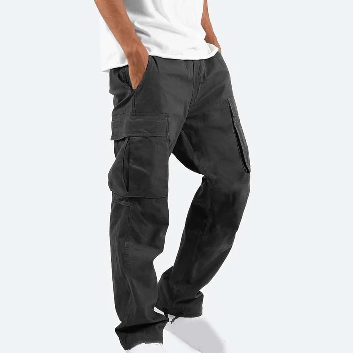 Cargo Pants for Men Baggy Elastic Waist Pants Straight Leg Drawstring Pants Casual Hiking Pants Stretch Jogging Pants