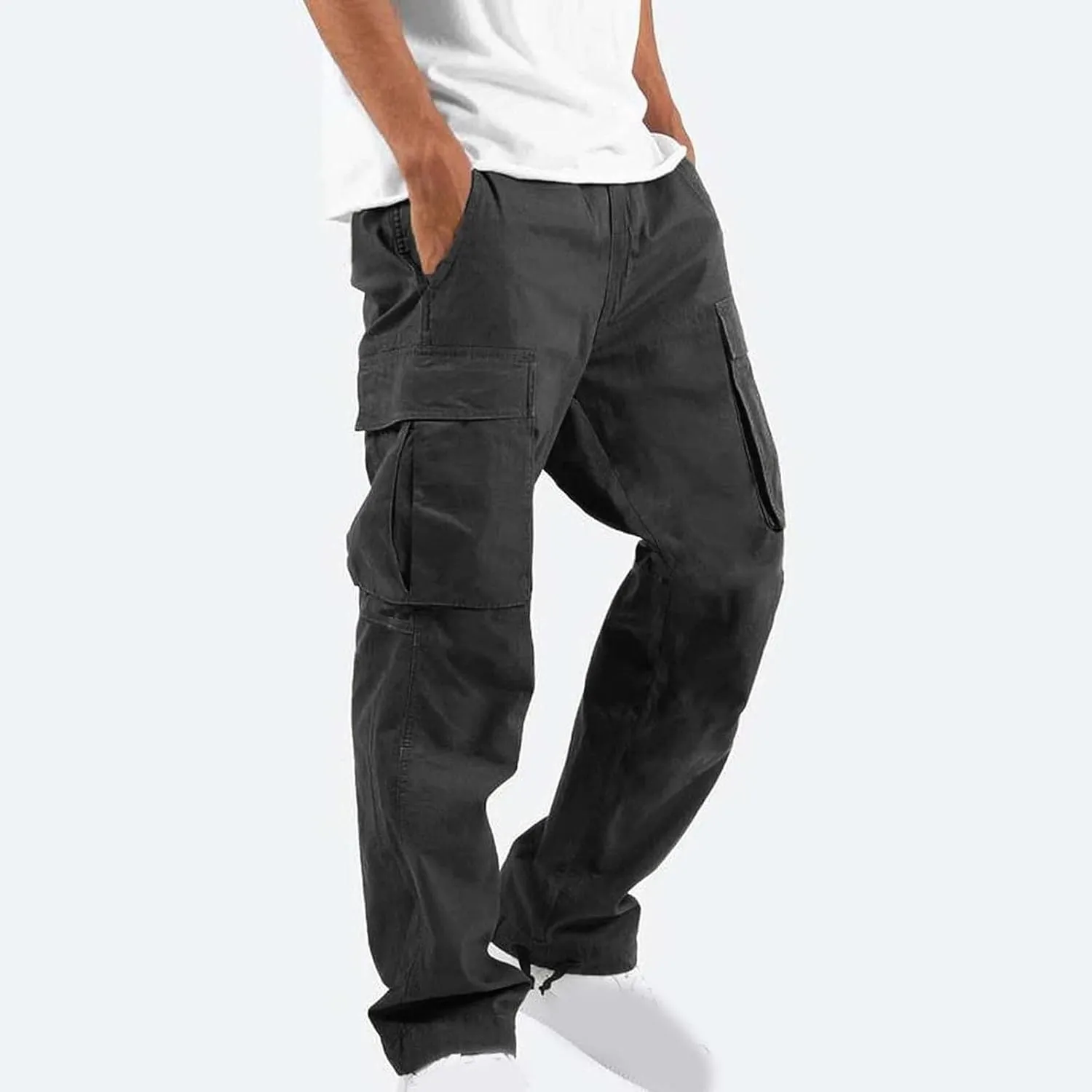 Cargo Pants for Men Baggy Elastic Waist Pants Straight Leg Drawstring Pants Casual Hiking Pants Stretch Jogging Pants