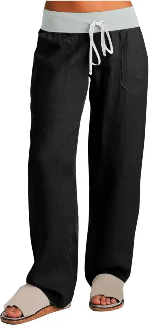 Cargo Pants Women with Flap Pockets High Waisted Side Tie Hem Straight Leg Drawstring Hiking Pants Travel Joggers