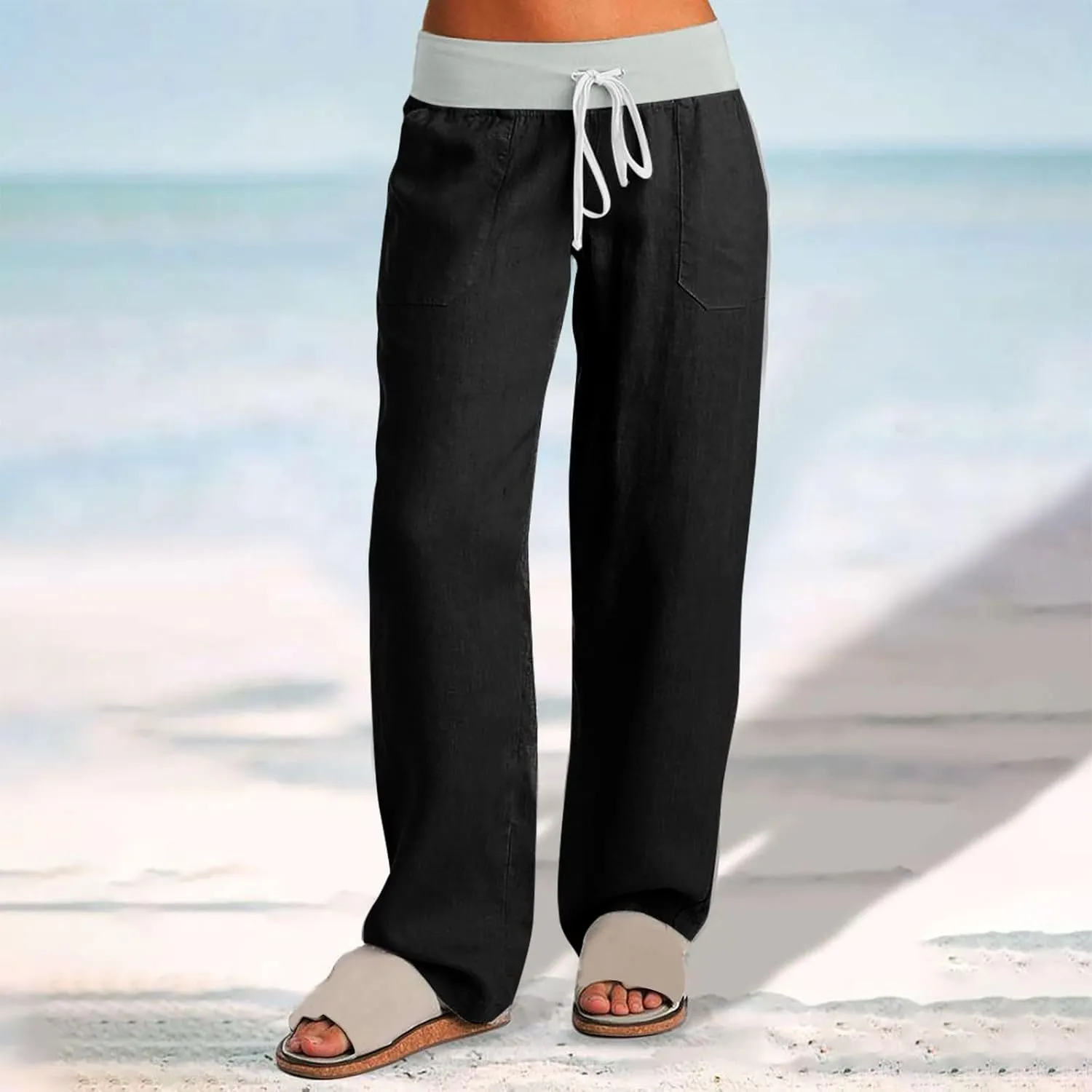 Cargo Pants Women with Flap Pockets High Waisted Side Tie Hem Straight Leg Drawstring Hiking Pants Travel Joggers
