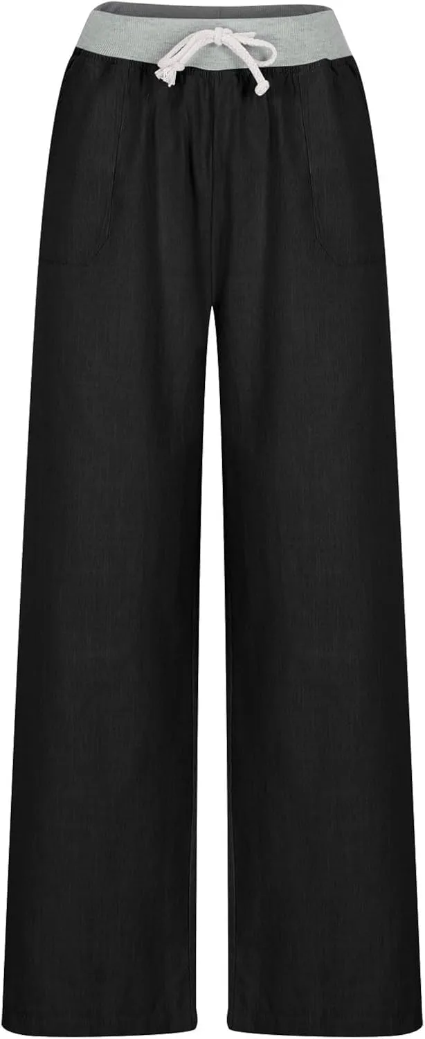 Cargo Pants Women with Flap Pockets High Waisted Side Tie Hem Straight Leg Drawstring Hiking Pants Travel Joggers