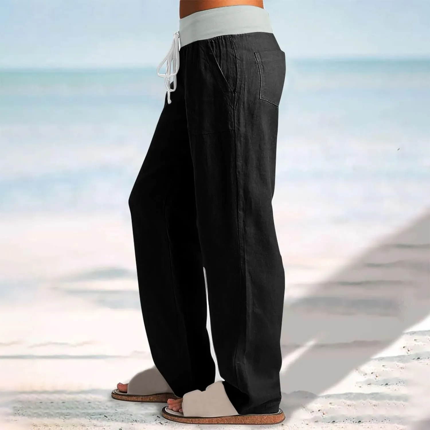 Cargo Pants Women with Flap Pockets High Waisted Side Tie Hem Straight Leg Drawstring Hiking Pants Travel Joggers