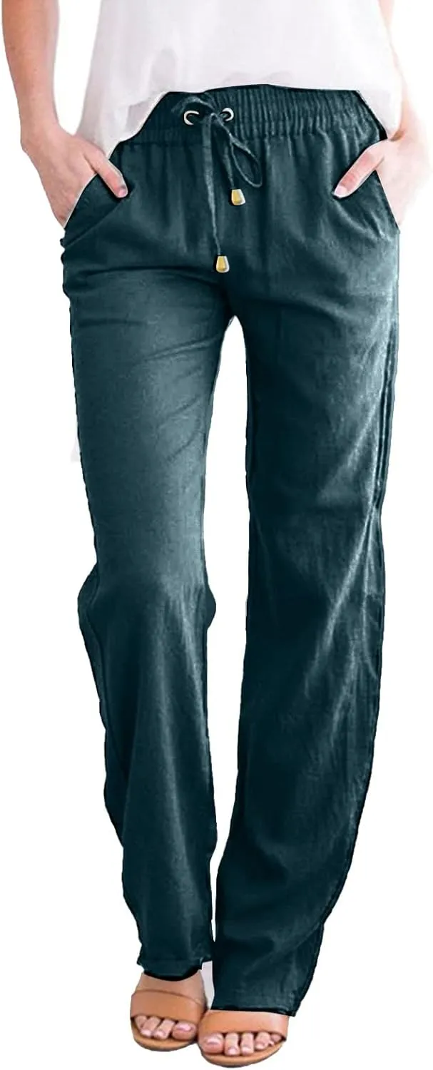 Cotton Linen Pants for Women Printed Capri Pant Plus Size Wide Leg Sweatpants Summer Cropped Elastic Waist Trousers