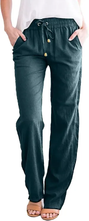 Cotton Linen Pants for Women Printed Capri Pant Plus Size Wide Leg Sweatpants Summer Cropped Elastic Waist Trousers