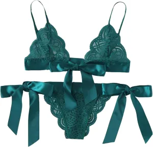 Cute Lingerie 2 Pieces Set Triangle Bralette Lace See Through Babydoll Bow Lingerie for Women Teddy Lingerie