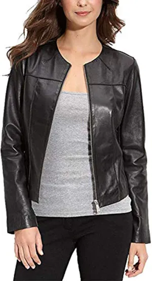 D DOLLY LAMB Women's Lambskin Leather Moto Biker Jacket, Winter Wear Round Neck Collar Jacket for Bike Riding & Casual Wear