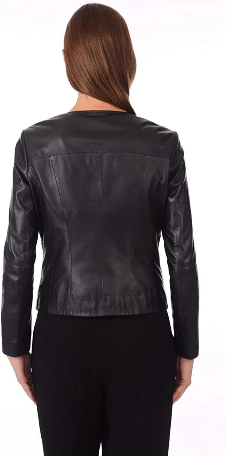 D DOLLY LAMB Women's Lambskin Leather Moto Biker Jacket, Winter Wear Round Neck Collar Jacket for Bike Riding & Casual Wear
