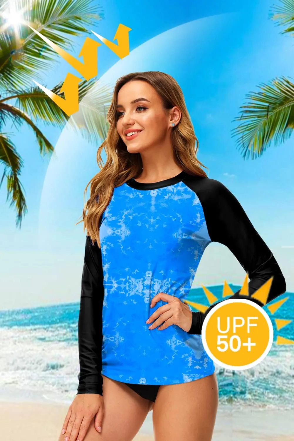 Deerose Women UPF 50  Rash Guard Printed Swim Shirts Surf Swimwear Top