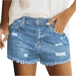 Denim Shorts Women Plus Size Casual High Rise Stretchy Mom Jeans Shorts Pure Color Fray Hem Slim Shorts