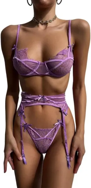 Eros 3 Piece Sexy Lingerie Set Womens Underwear Soft Mesh Lingerie Set Bralette Lace Thong Gift For Girlfriend