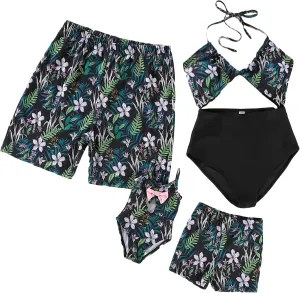 Family Matching Swimsuits Mommy and Me Swimwear Ruffled Printed Bathing Suits and Swim Trunks Sets Girl Beachwear
