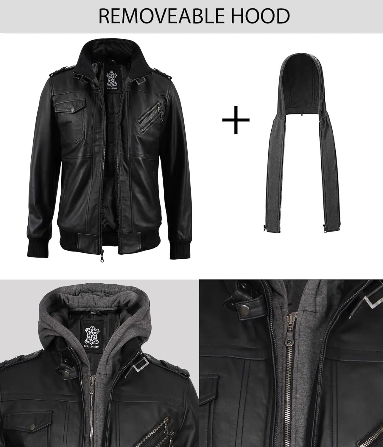 fjackets Real Leather Bomber Jacket - Motorcycle Casual Stand Collar Jackets with Removable Hood