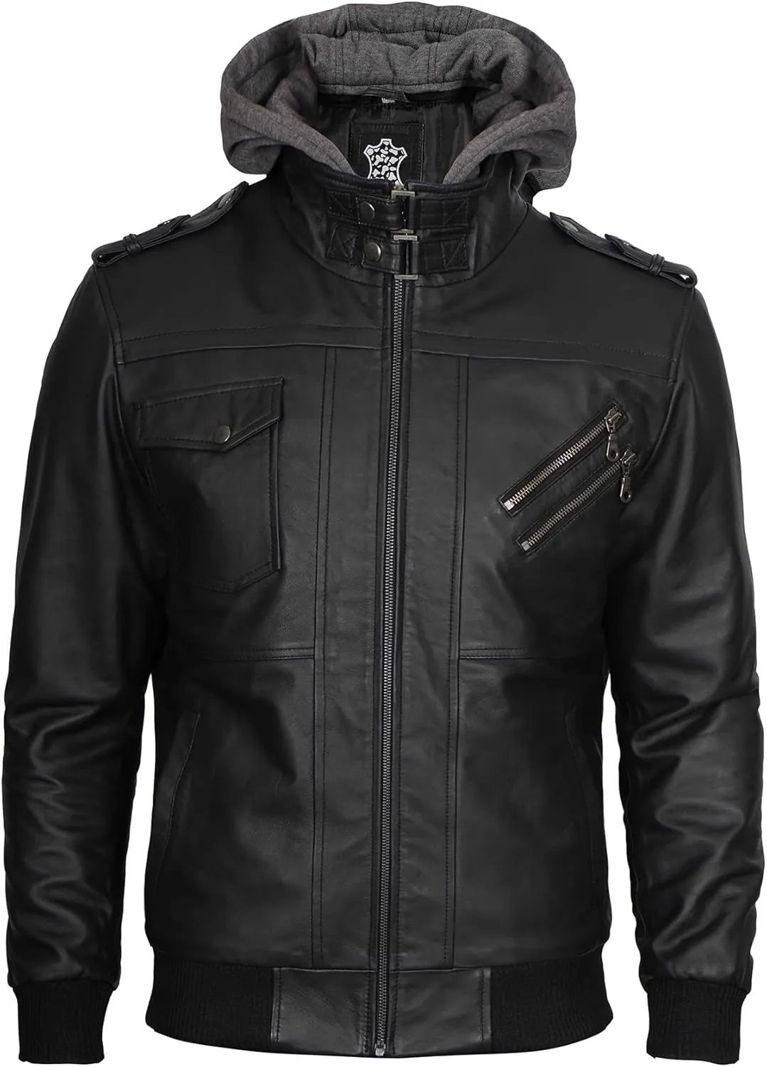 fjackets Real Leather Bomber Jacket - Motorcycle Casual Stand Collar Jackets with Removable Hood
