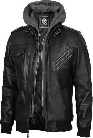 fjackets Real Leather Bomber Jacket - Motorcycle Casual Stand Collar Jackets with Removable Hood