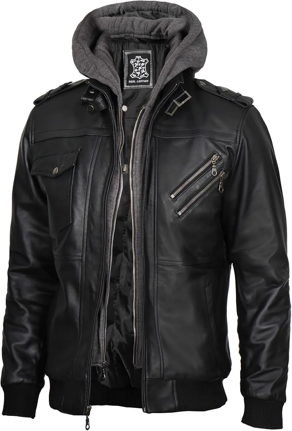 fjackets Real Leather Bomber Jacket - Motorcycle Casual Stand Collar Jackets with Removable Hood